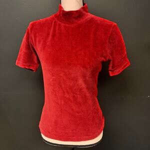 vintage 1990's mock neck short sleeve stretch velour ribbed fitted shirt red M